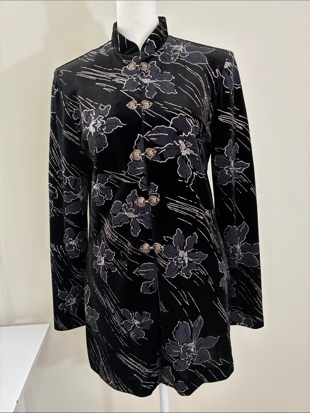 Vintage J.D.S LTD Black Floral Mandarin-Collar Jacket